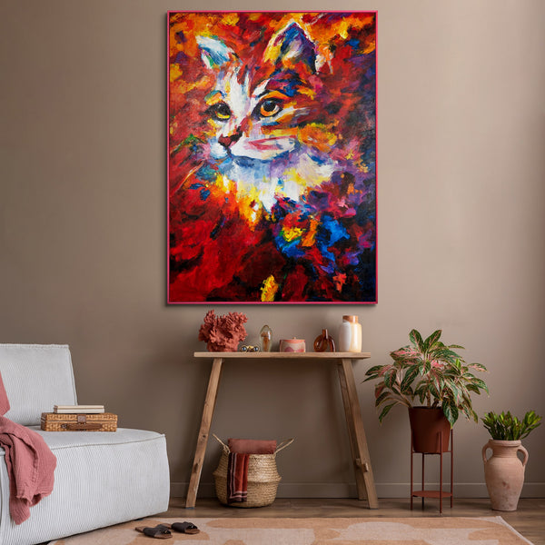 Obraz „Ogniste spojrzenie” — emocjonalny portret kota w ekspresyjnej palecie barw