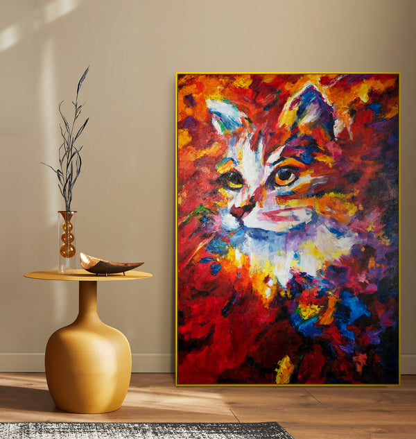 Obraz „Ogniste spojrzenie” — emocjonalny portret kota w ekspresyjnej palecie barw