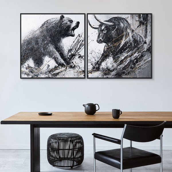 Dyptych „Dziki pęd” — ekspresyjna walka byka i niedźwiedzia