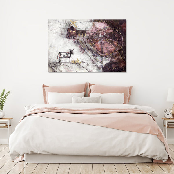 Obraz „Ciekawa historia” — surrealistyczna fabuła w pastelowych barwach
