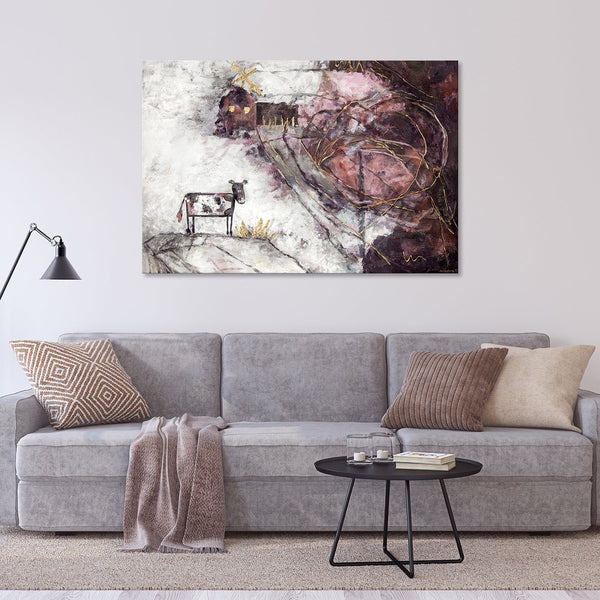 Obraz „Ciekawa historia” — surrealistyczna fabuła w pastelowych barwach
