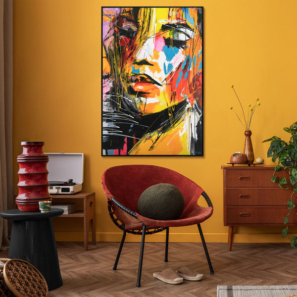 Obraz „Krzyk koloru” — ekspresyjny portret kobiety w formacie pionowym