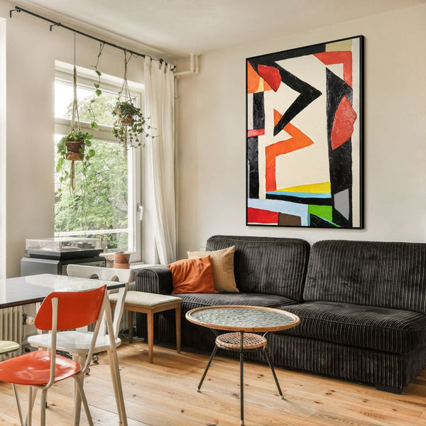 Obraz „Architektura ruchu” — jasna geometryczna abstrakcja w czerwono-czarnych barwach