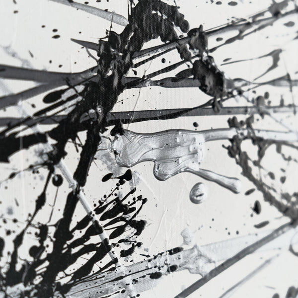 Obraz „Kontrola chaosu” — monochromatyczna abstrakcja w stylu action painting
