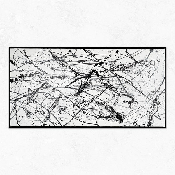Obraz „Kontrola chaosu” — monochromatyczna abstrakcja w stylu action painting
